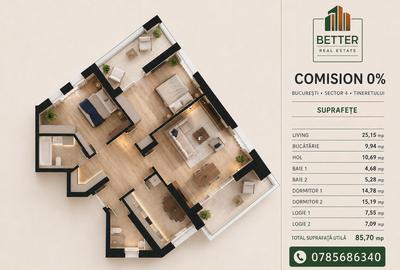 Apartament cu 3 camere decomandat în Tineretului