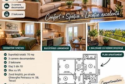 Apartament cu 3 camere decomandat în Central