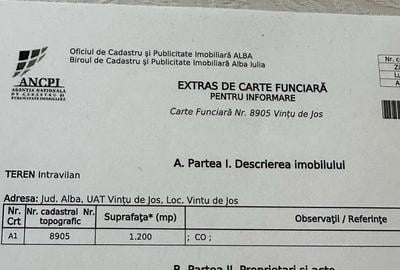 Teren de 1200 mp, în Vințu de Jos
