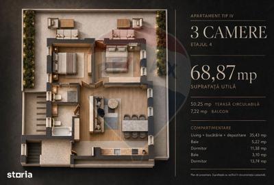 Apartament cu 3 camere decomandat în Tractorul