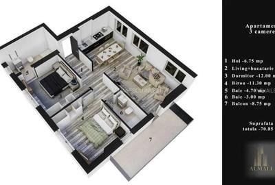 Apartament cu 3 camere decomandat în Eroii Revoluției