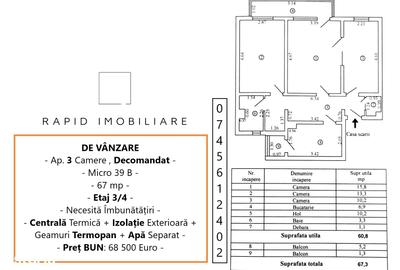 Apartament cu 3 camere decomandat în Micro 39