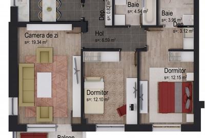 Apartament cu 3 camere decomandat în Tractorul - 3