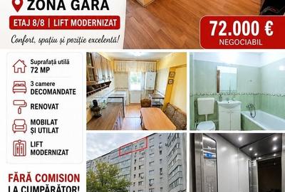 Apartament cu 3 camere decomandat, mobilat în Gară