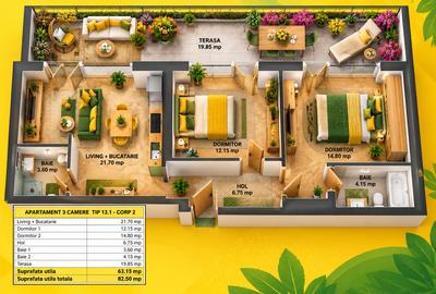 Apartament cu 3 camere semidecomandat în Metalurgiei