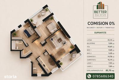 Apartament cu 3 camere decomandat în Tineretului